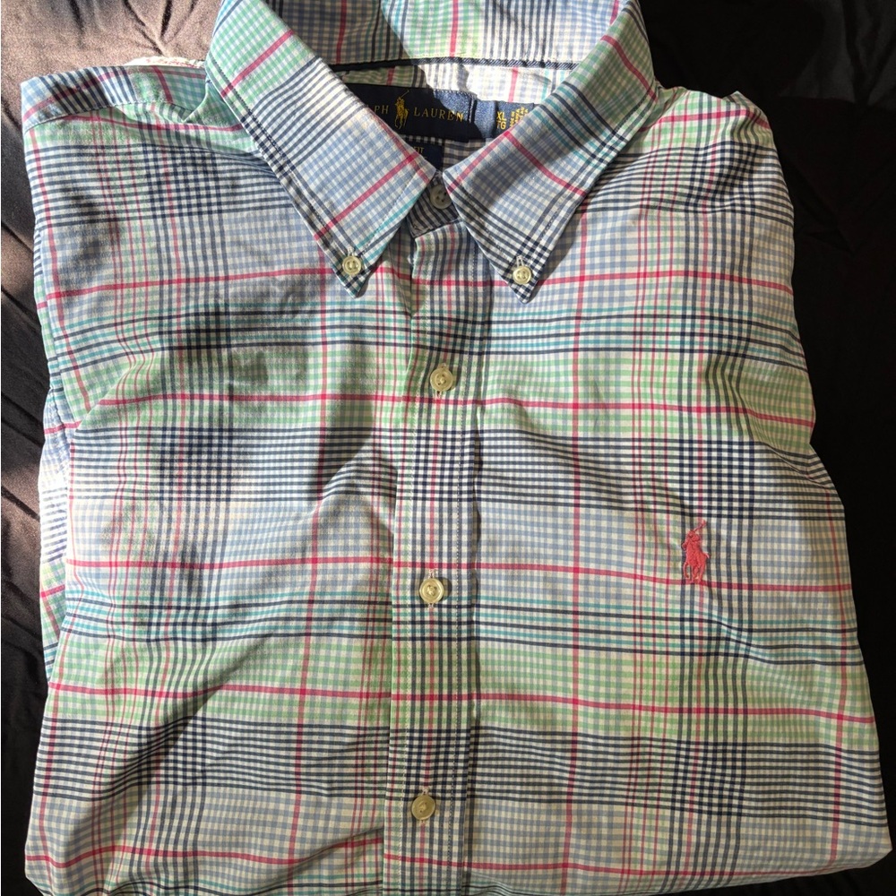 Ralph Lauren Men's Plaid Shirt in Blue, Green, and Pink